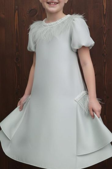 صورة فستان اخظر فاتح بالريش والؤلؤ على العنق والجوانب